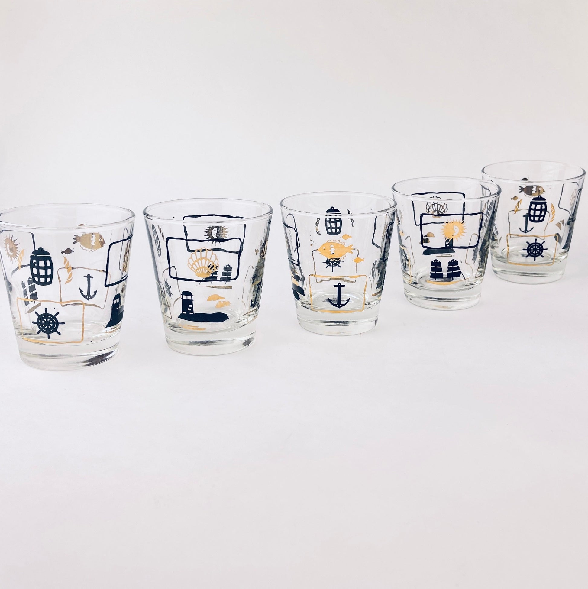 Product image for 'vintage dominion glass nautical pattern whiskey lowball glasses set of five 5' (view a51388)
