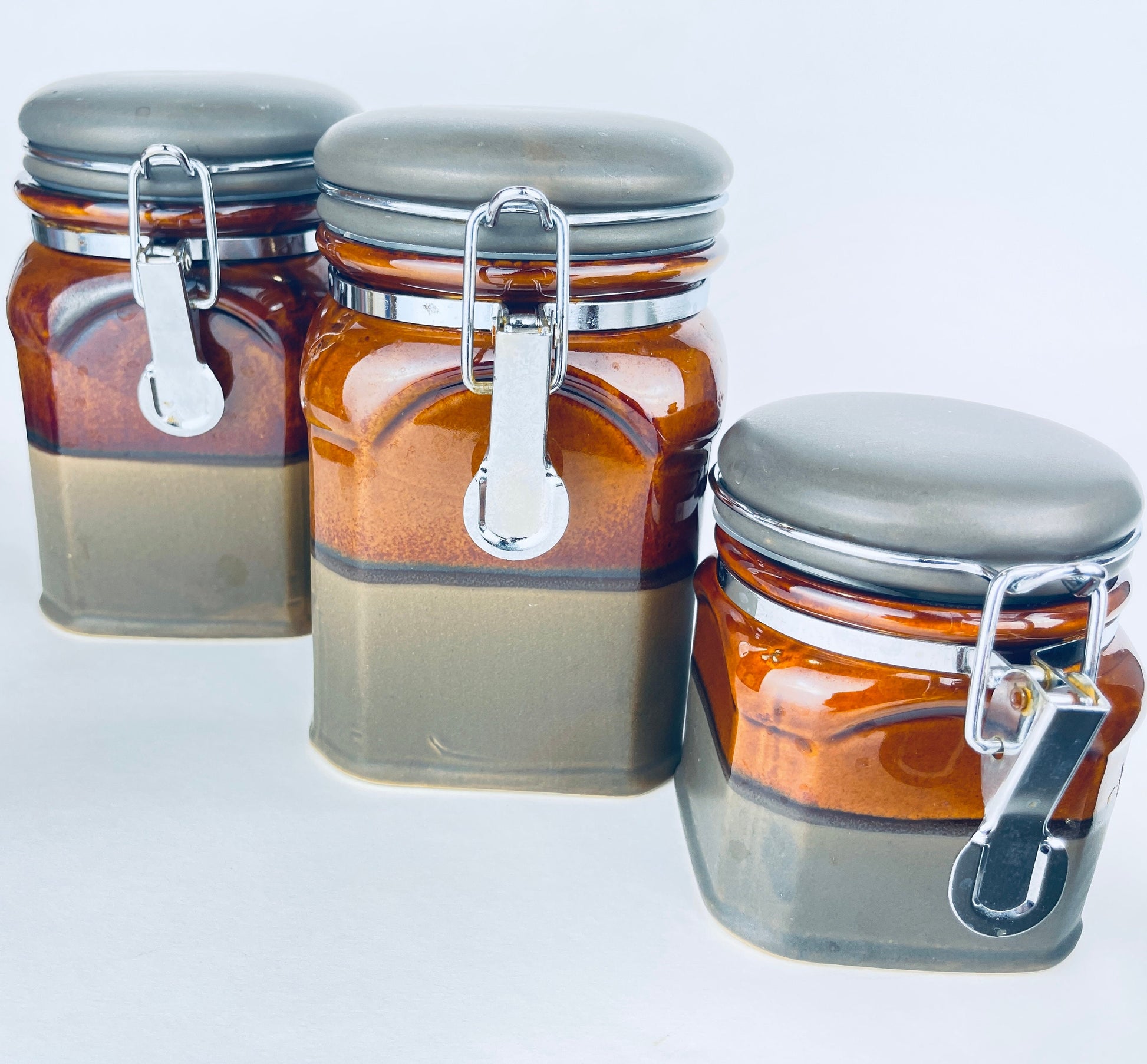 Product image for 'vintage brown grey drip glaze canister set salt pepper oil decanter included' (view 05789d)