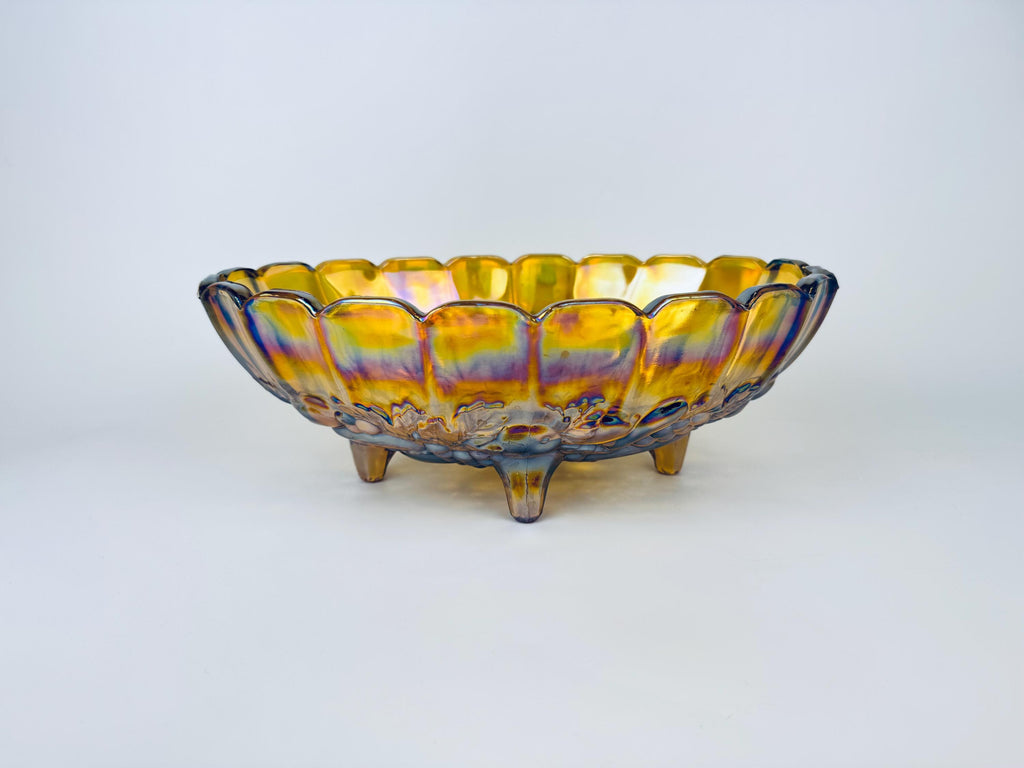 Product image for 'vintage indiana amber carnival glass harvest grape four footed fruit bowl' (view 961c06)