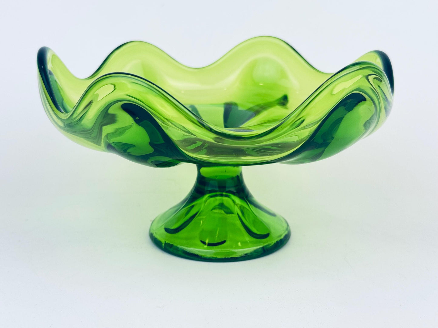 Product image for 'vintage viking epic glass green six petal crimped compote mid century modern art glass bowl' (view 234dfc)