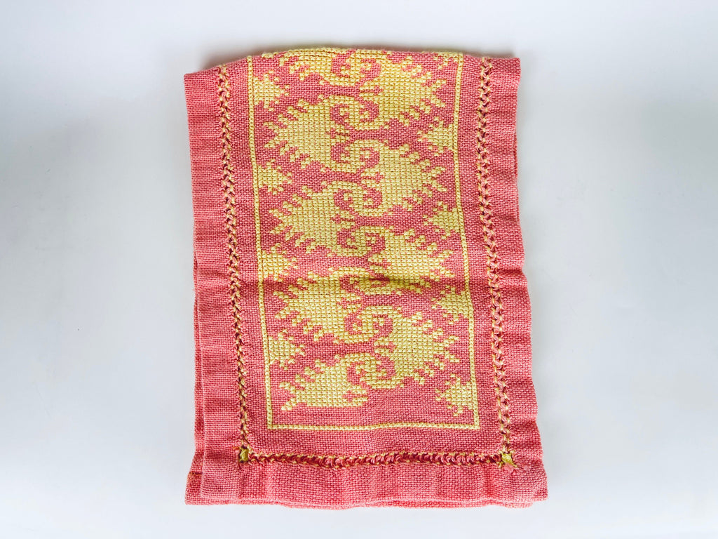Product image for 'vintage pink yellow hand embroidered rectangular table runner geometric pattern' (view c8a4bd)