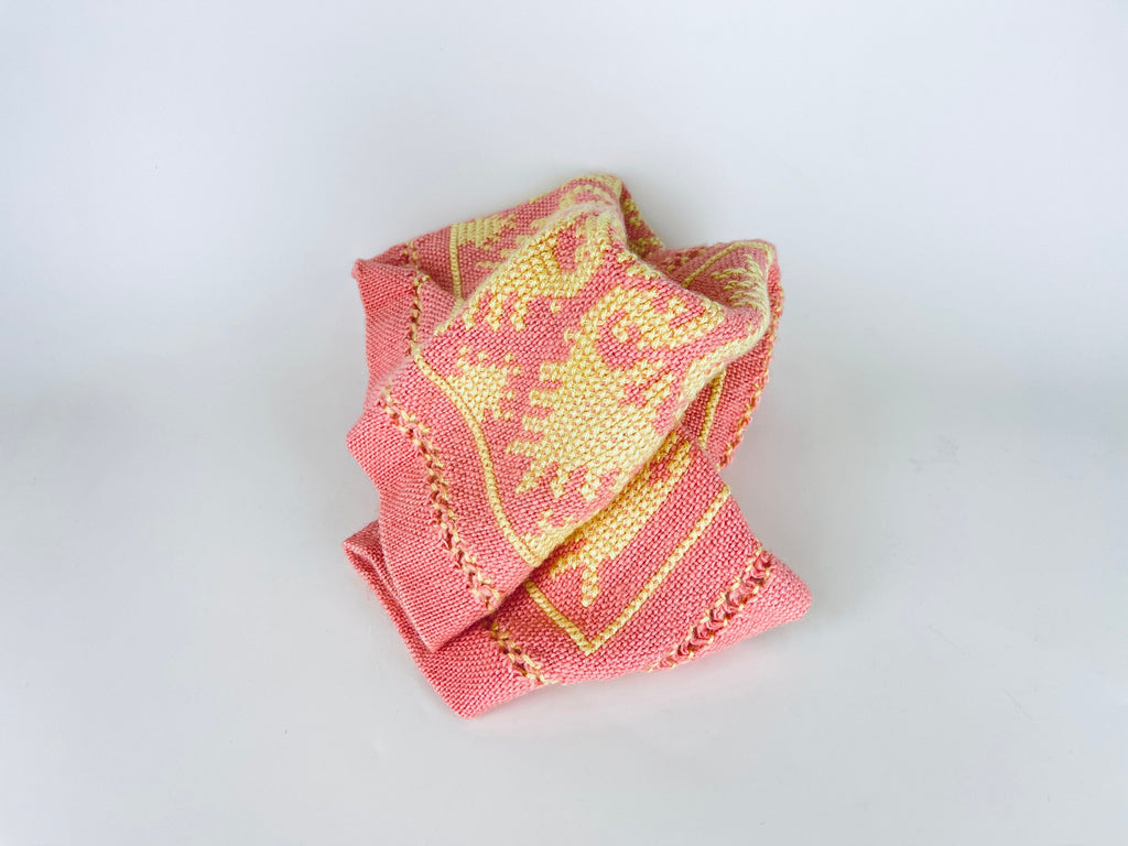 Product image for 'vintage pink yellow hand embroidered rectangular table runner geometric pattern' (view 37644a)