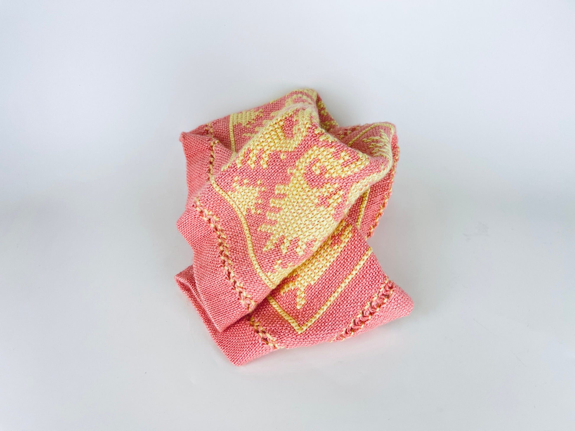 Product image for 'vintage pink yellow hand embroidered rectangular table runner geometric pattern' (view 37644a)