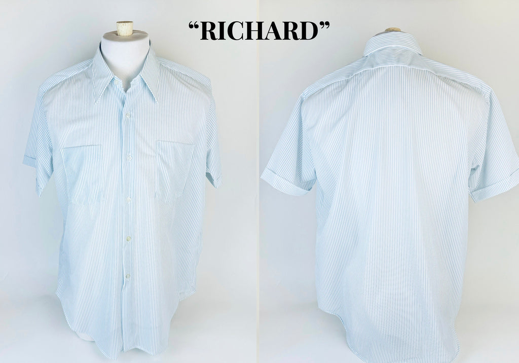 Product image for 'vintage 1970s blue grey striped short sleeve button up shirts 100 nylon made in hong kong by beau ville sold separately' (view 1cc68b)