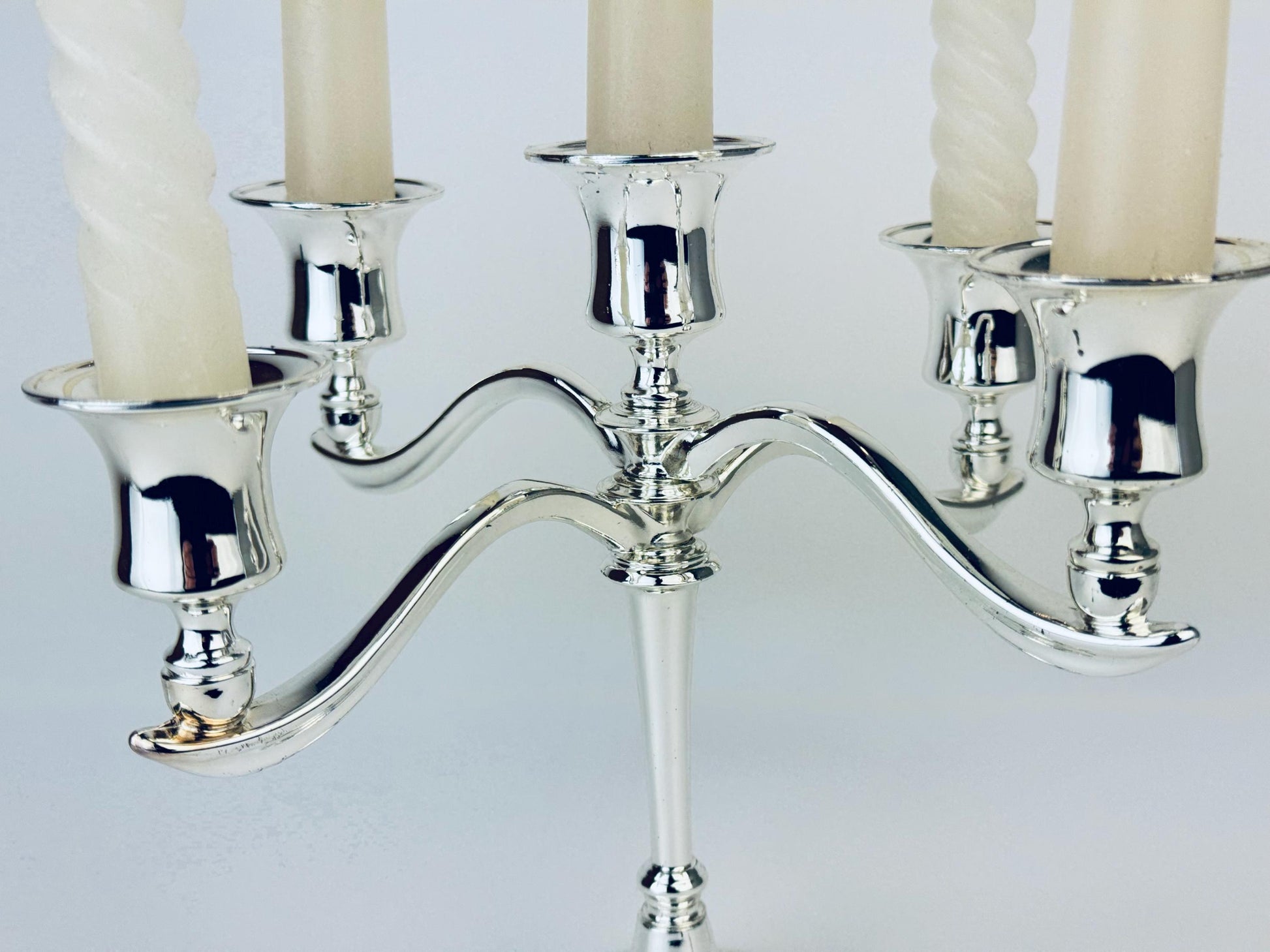 Product image for 'vintage ornate silver plated candelabra candlestick holder green felt bottom made in england' (view a2c177)
