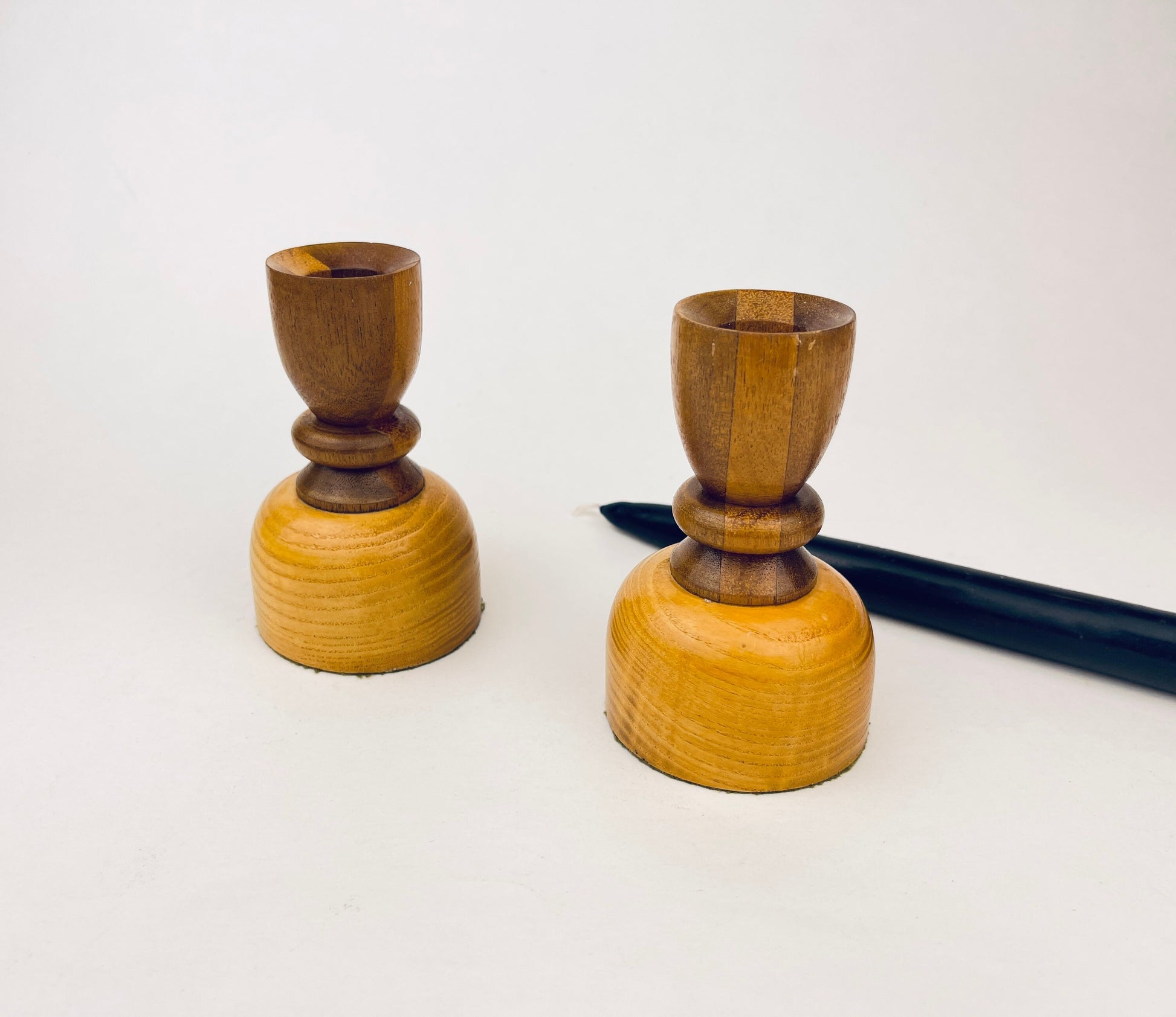 Product image for 'vintage 1970s wooden hourglass candlestick holders set of 2' (view 512e52)