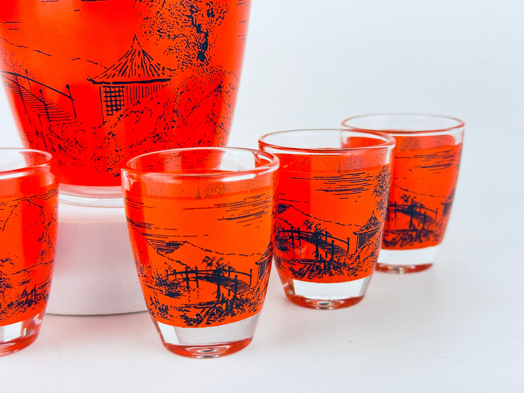 Product image for 'vintage orange black asian landscape print glass decanter shot glasses set of six 6 made in france barware gift' (view 6aea91)