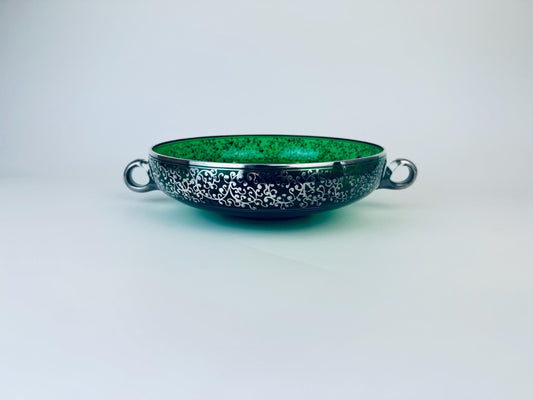 Product image for 'vintage dark green silver overlay vine pattern double handled shallow decorative glass dish' (view fb672c)