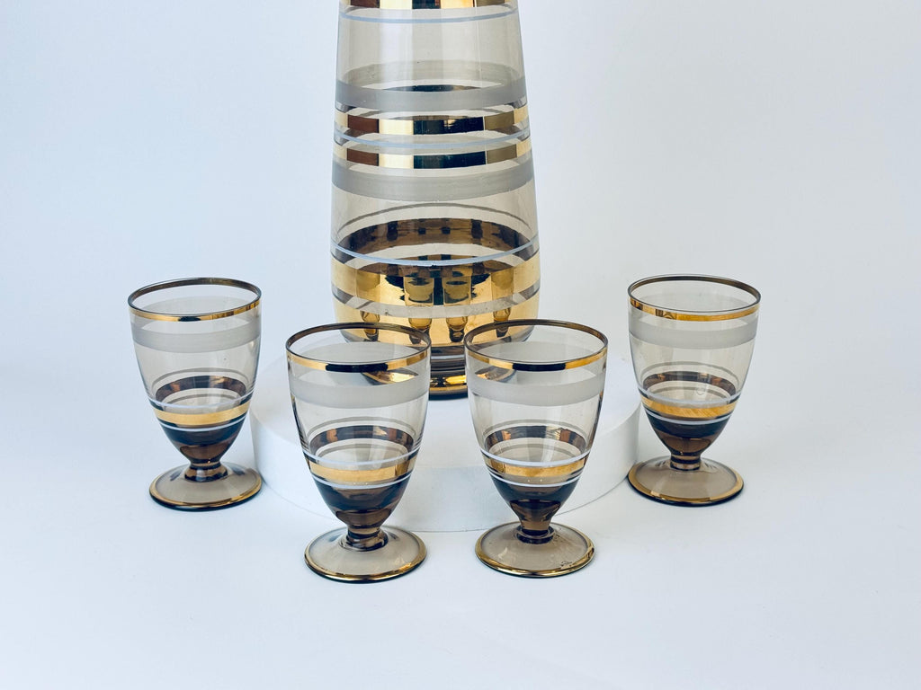 Product image for 'vintage black gold striped barware set glass decanter four 4 small goblet glasses bohemia crystal' (view 3d1518)