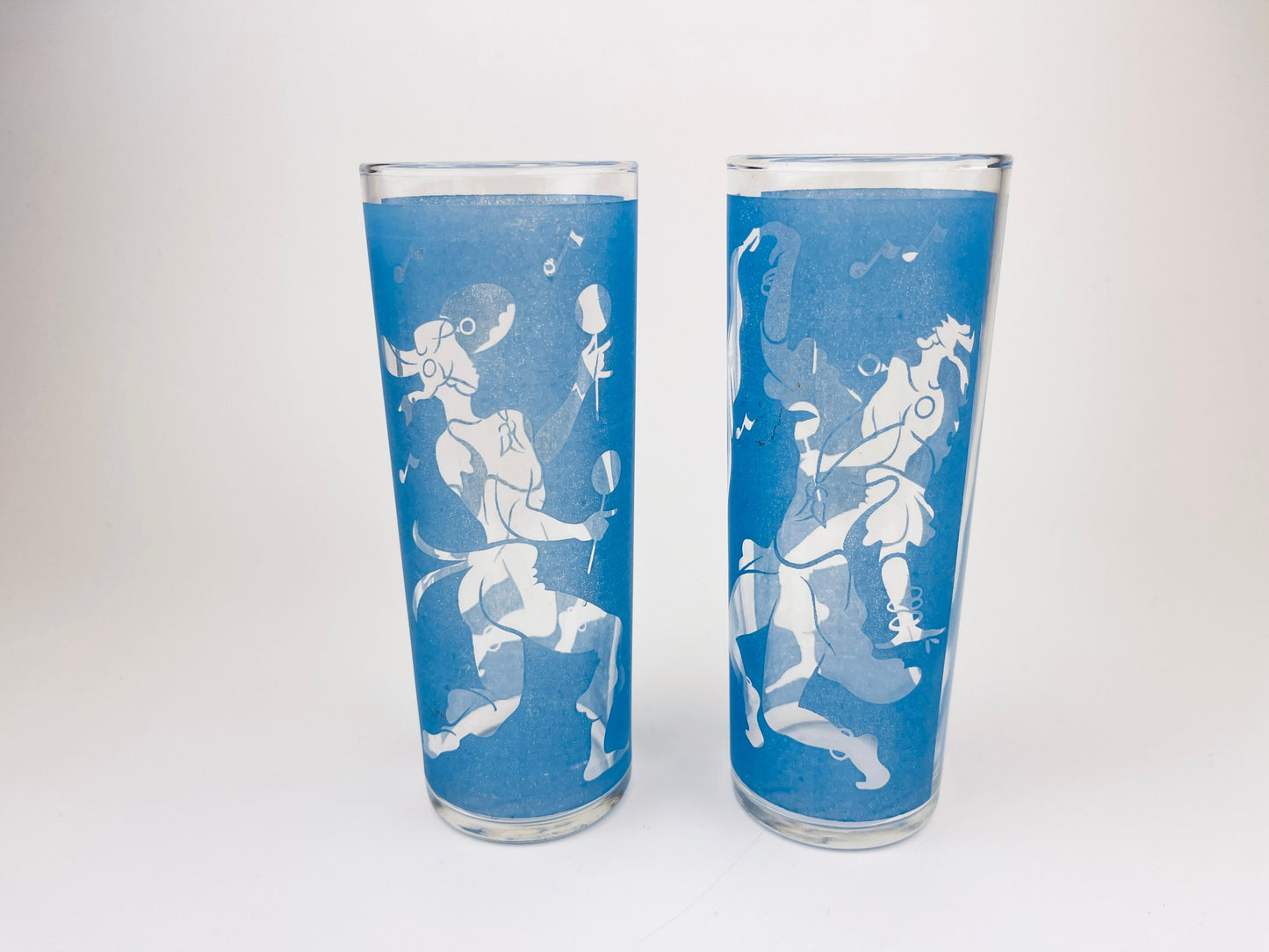 Product image for 'vintage blue frosted dancing silhouette highball zombie glasses set of two 2 juice barware glasses' (view 907f4b)