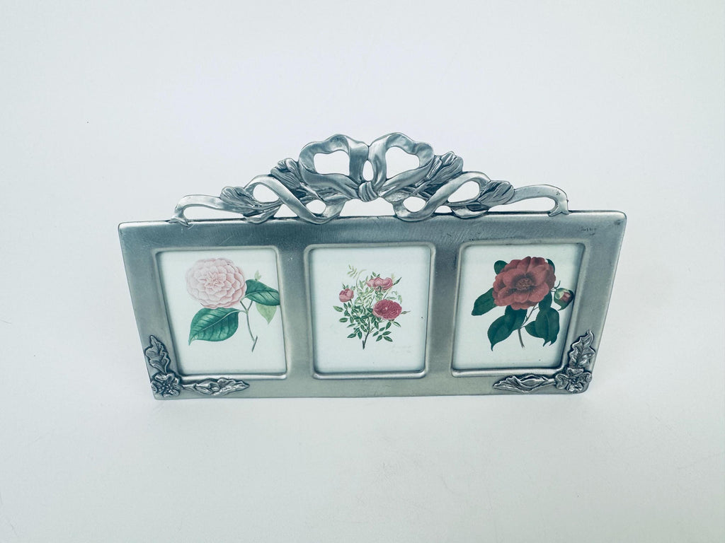 Product image for 'vintage pewter silver floral bow tabletop trio picture frame made in canada' (view c06cd8)