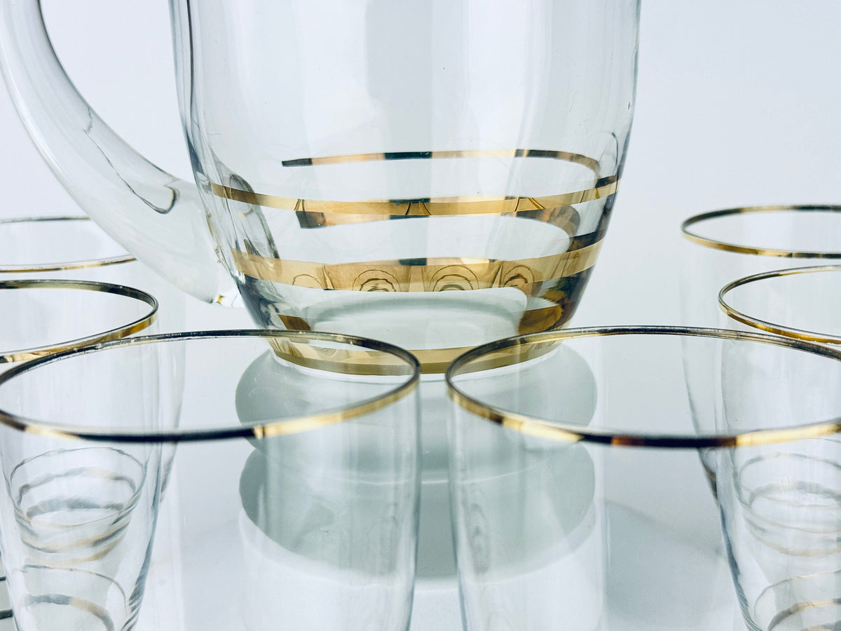 Product image for 'vintage gold striped frosted glass decanter glassware barware set six 6 glasses' (view 769681)