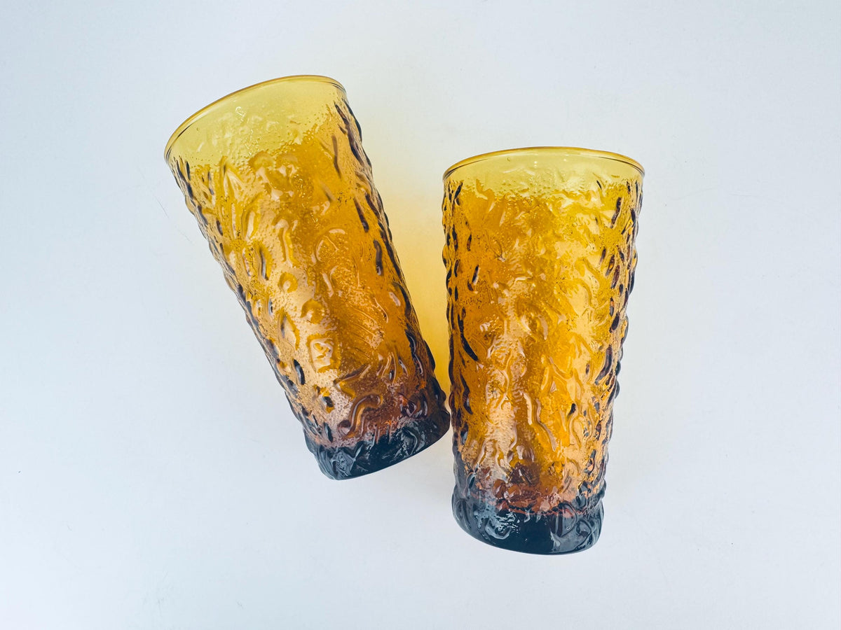 Product image for 'vintage amber milano crinkle glass tumblers 1960s anchor hocking bark texture highball set midcentury barware' (view 32a691)