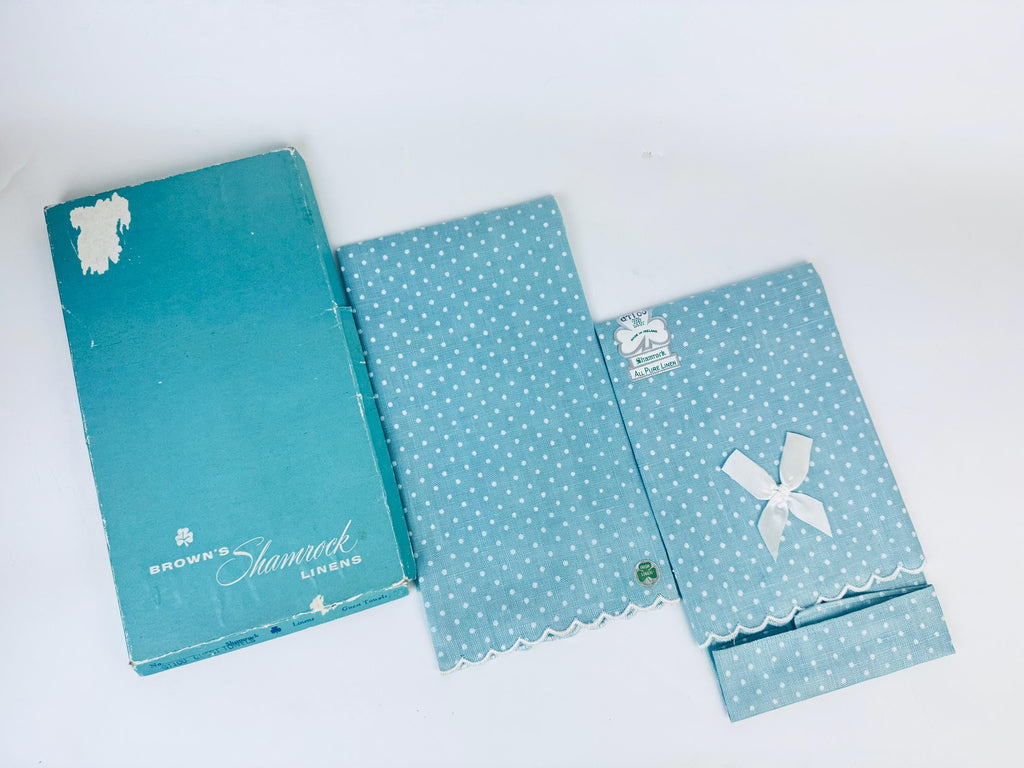 Product image for 'vintage irish linen set of 2 blue polka dot guest towels nos brown s shamrock linens' (view 7a0971)