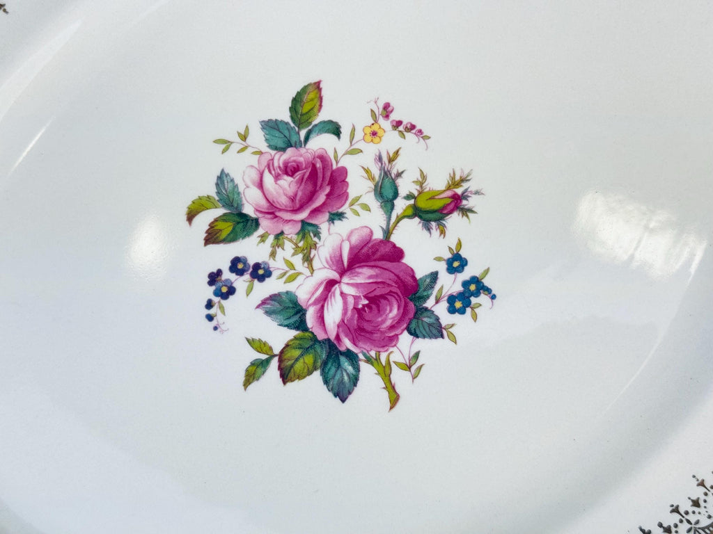 Product image for 'vintage johnson bros oval serving tray plater pink flower pattern serpentine edge made in england' (view 0355ae)