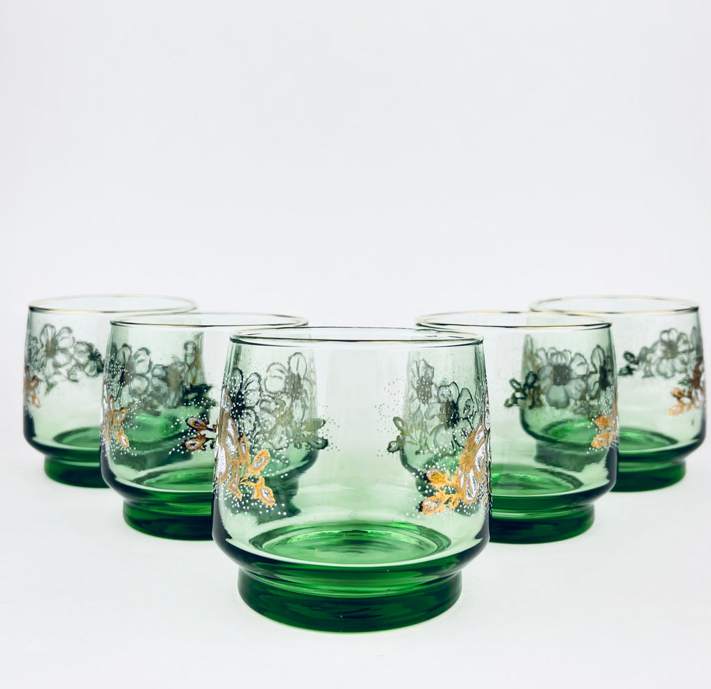 Product image for 'vintage green pedestal lowball glasses set of five 5 gold rimmed top white floral pattern dominion glass company' (view 967e90)