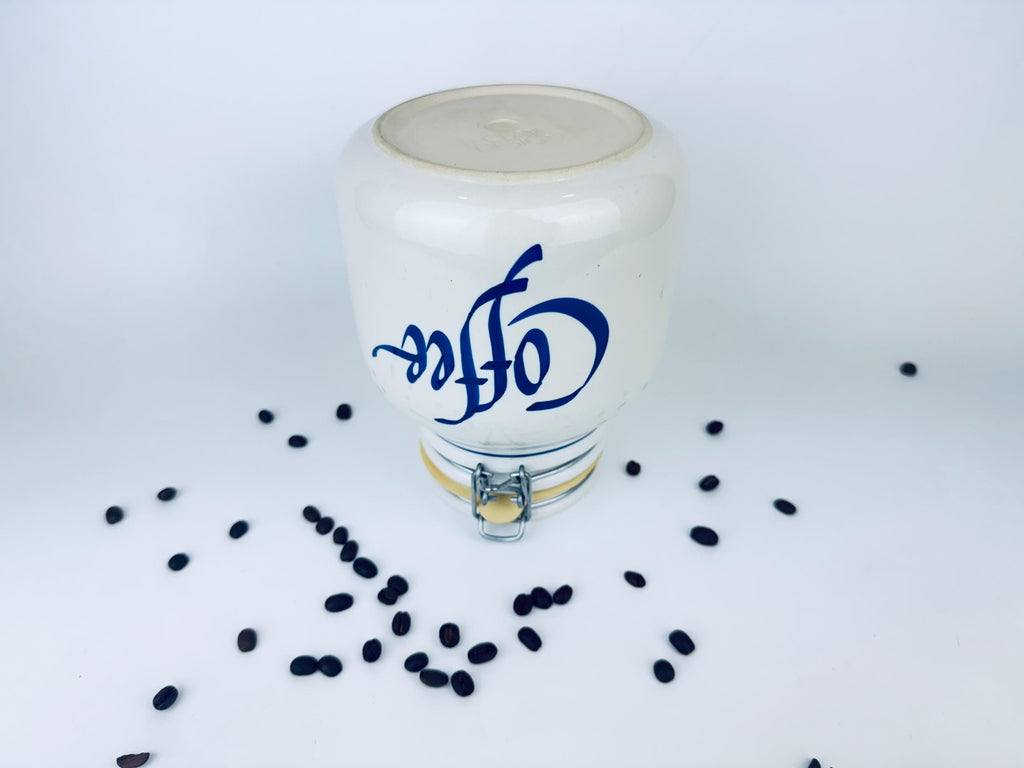 Product image for 'vintage 1990s beige blue ceramic coffee canister airtight countertop jar' (view e83432)