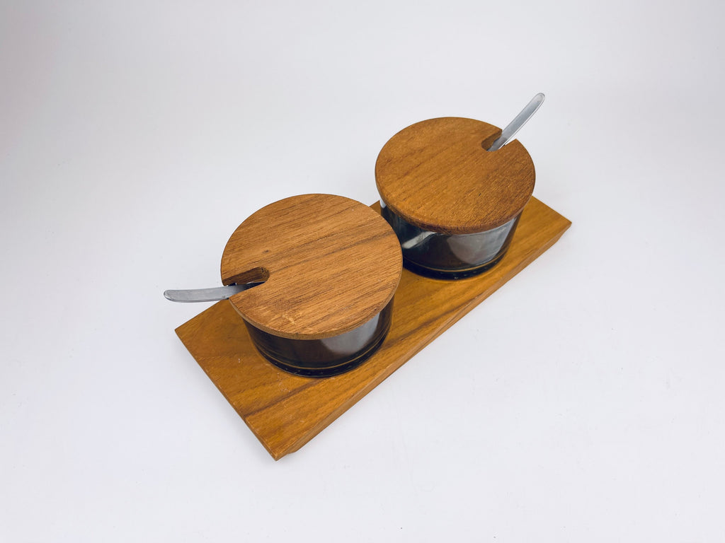 Product image for 'vintage luthje danish preserve set appetizer dinner party serve ware wood tray glass containers made in denmark' (view ab74f4)