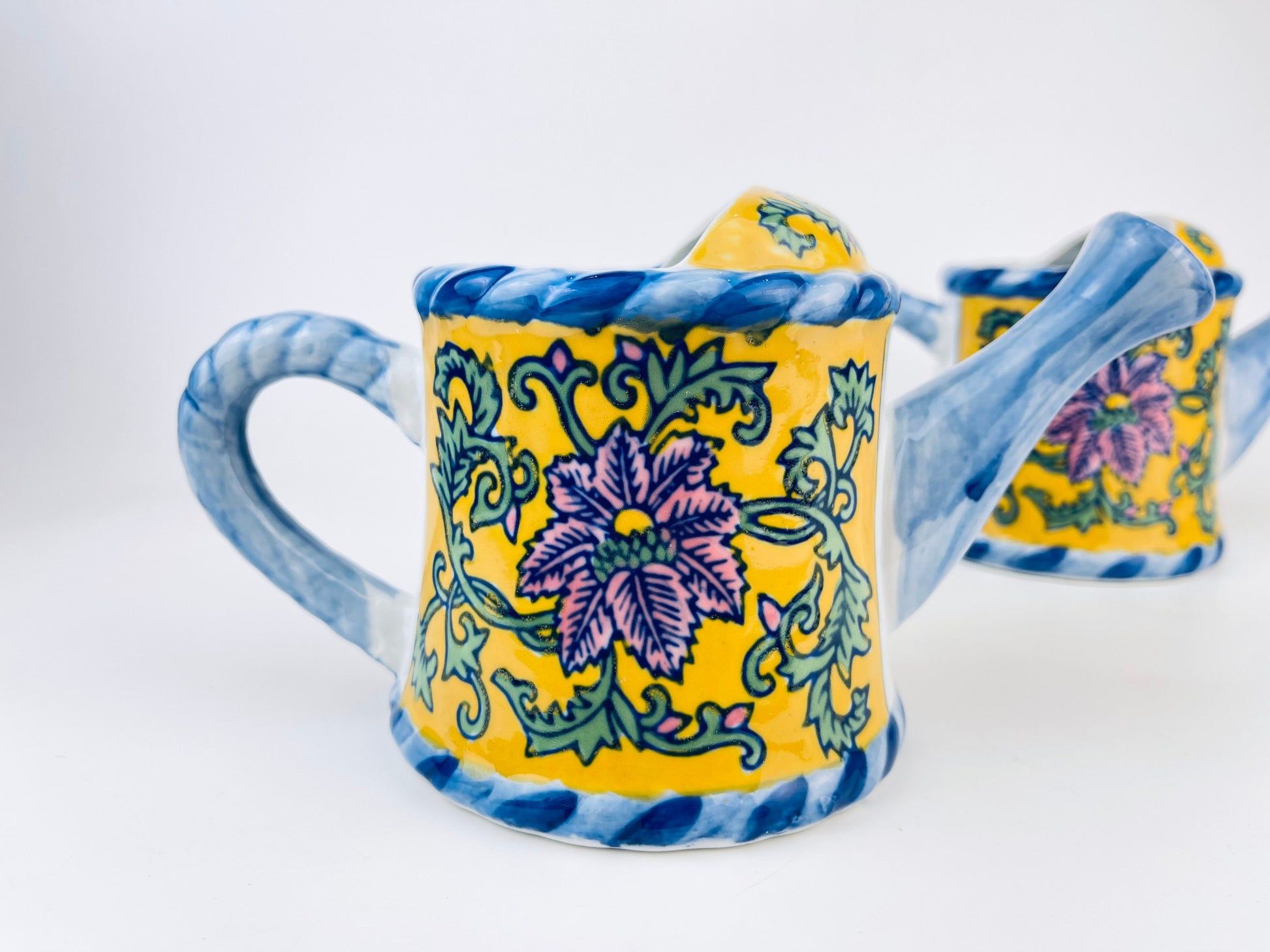 Product image for 'vintage hand painted blue yellow floral print ceramic watering can pot with handle rope handle bella case by ganz sold separately' (view 501cfd)