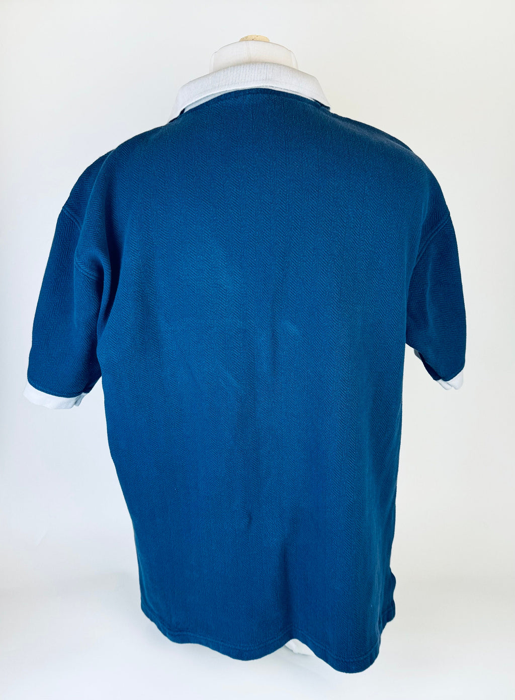Product image for 'vintage global canada 1990s 100 cotton short sleeve polo shirt blue grey collar made in canada' (view e3cc9b)