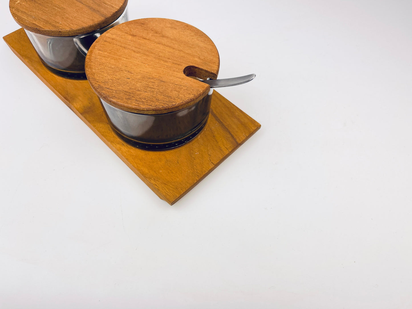 Product image for 'vintage luthje danish preserve set appetizer dinner party serve ware wood tray glass containers made in denmark' (view 397bee)