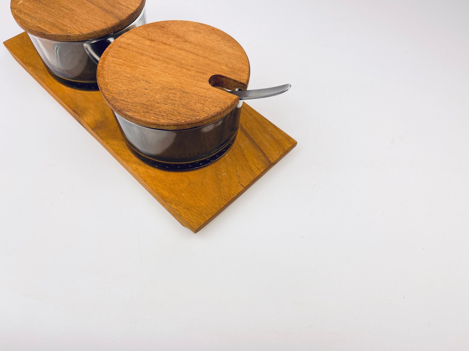 Product image for 'vintage luthje danish preserve set appetizer dinner party serve ware wood tray glass containers made in denmark' (view 397bee)