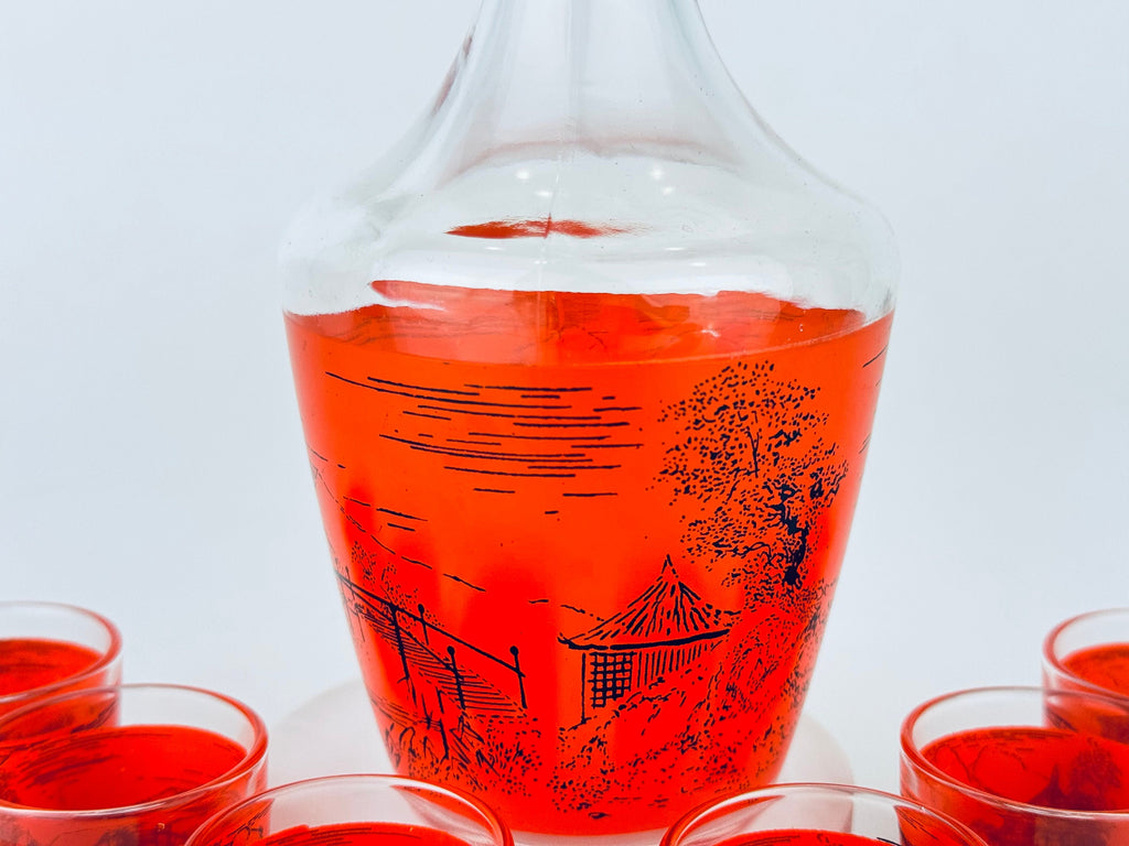 Product image for 'vintage orange black asian landscape print glass decanter shot glasses set of six 6 made in france barware gift' (view 5ae7b9)