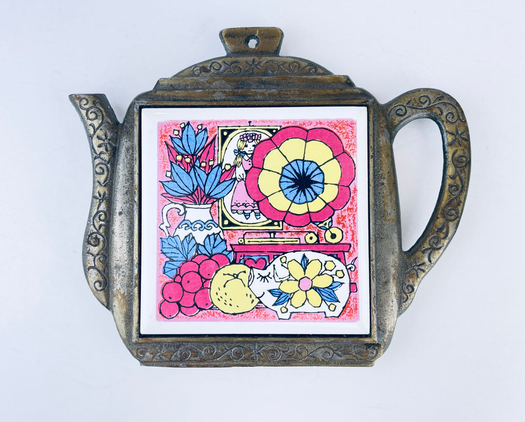 Product image for 'vintage kitsch tea kettle metal ceramic trivet fruit pig scene' (view f799c9)