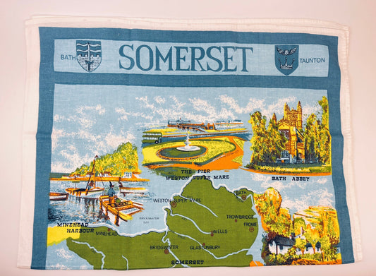 Product image for 'vintage somerset dorset souvenir tea towel 1960s uk kitchen decor bright regional map design' (view d257cf)
