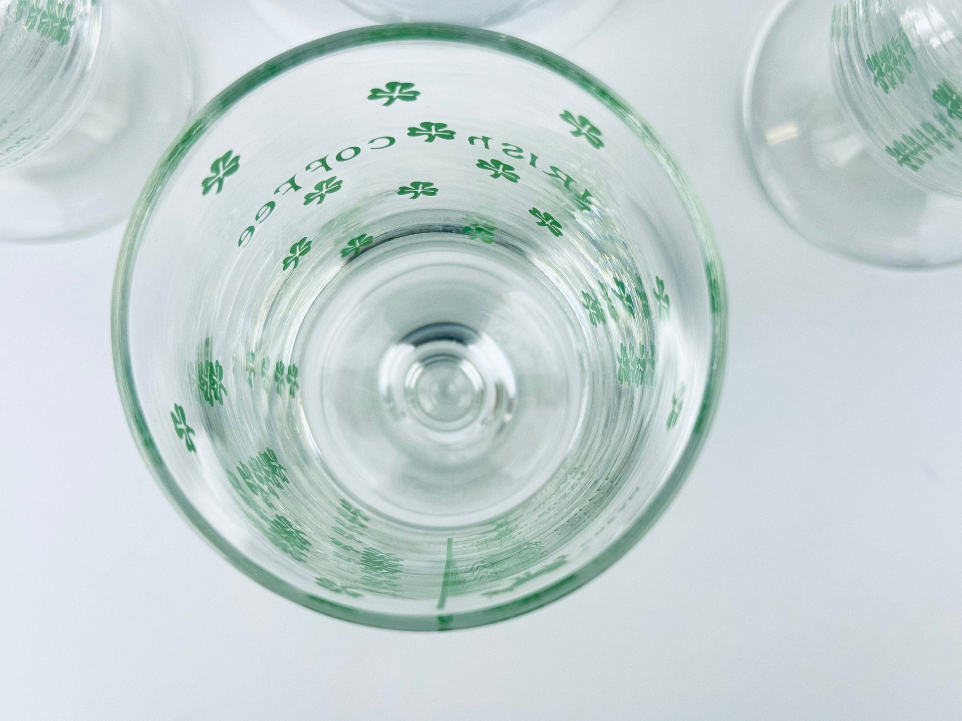 Product image for 'vintage irish coffee green shamrock pedestal glasses goblets set of four 4' (view cab098)