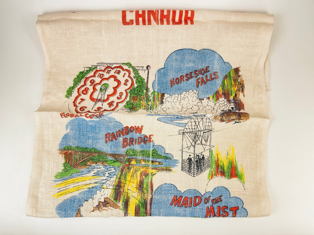 Product image for 'vintage niagara falls canada tea towel multicolour 1960s linen souvenir maid of the mist horseshoe falls floral clock' (view 001174)