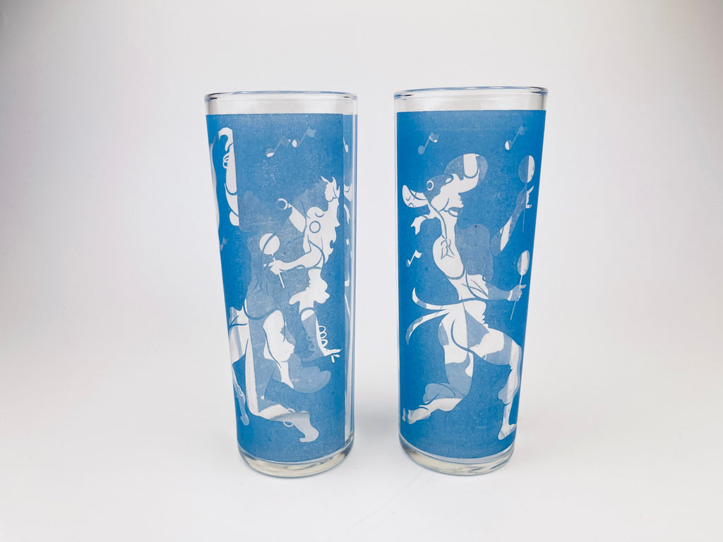 Product image for 'vintage blue frosted dancing silhouette highball zombie glasses set of two 2 juice barware glasses' (view 2a21bb)