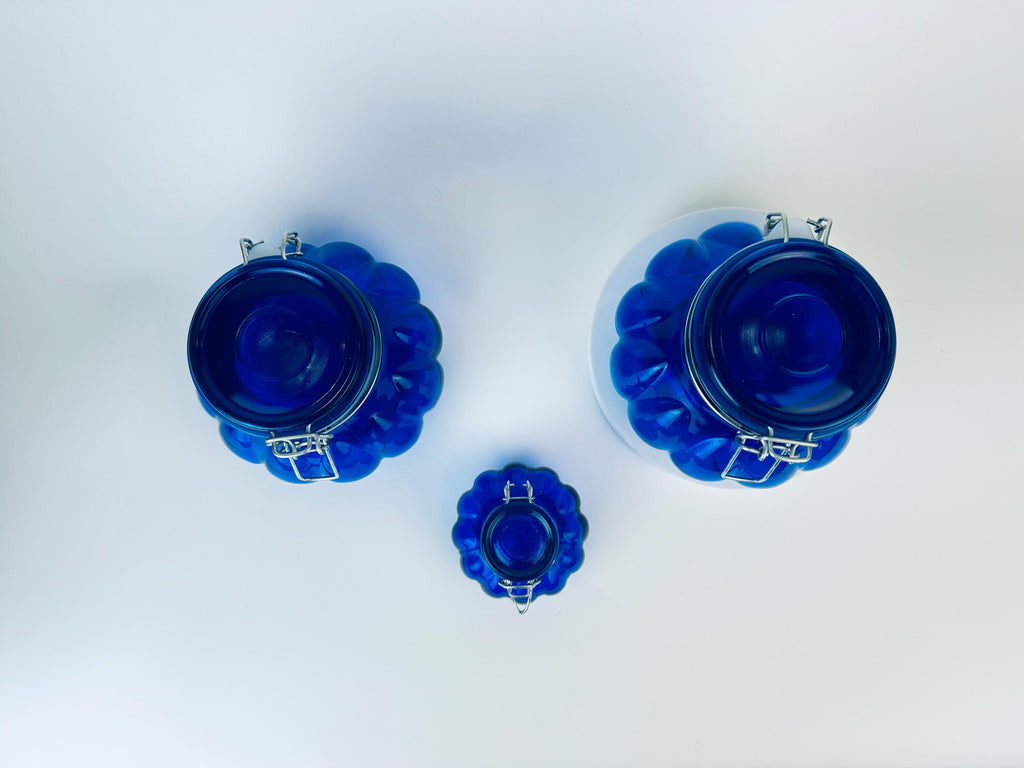 Product image for 'vintage round cobalt blue bubble glass clasp container jars sold separately' (view d38c6b)
