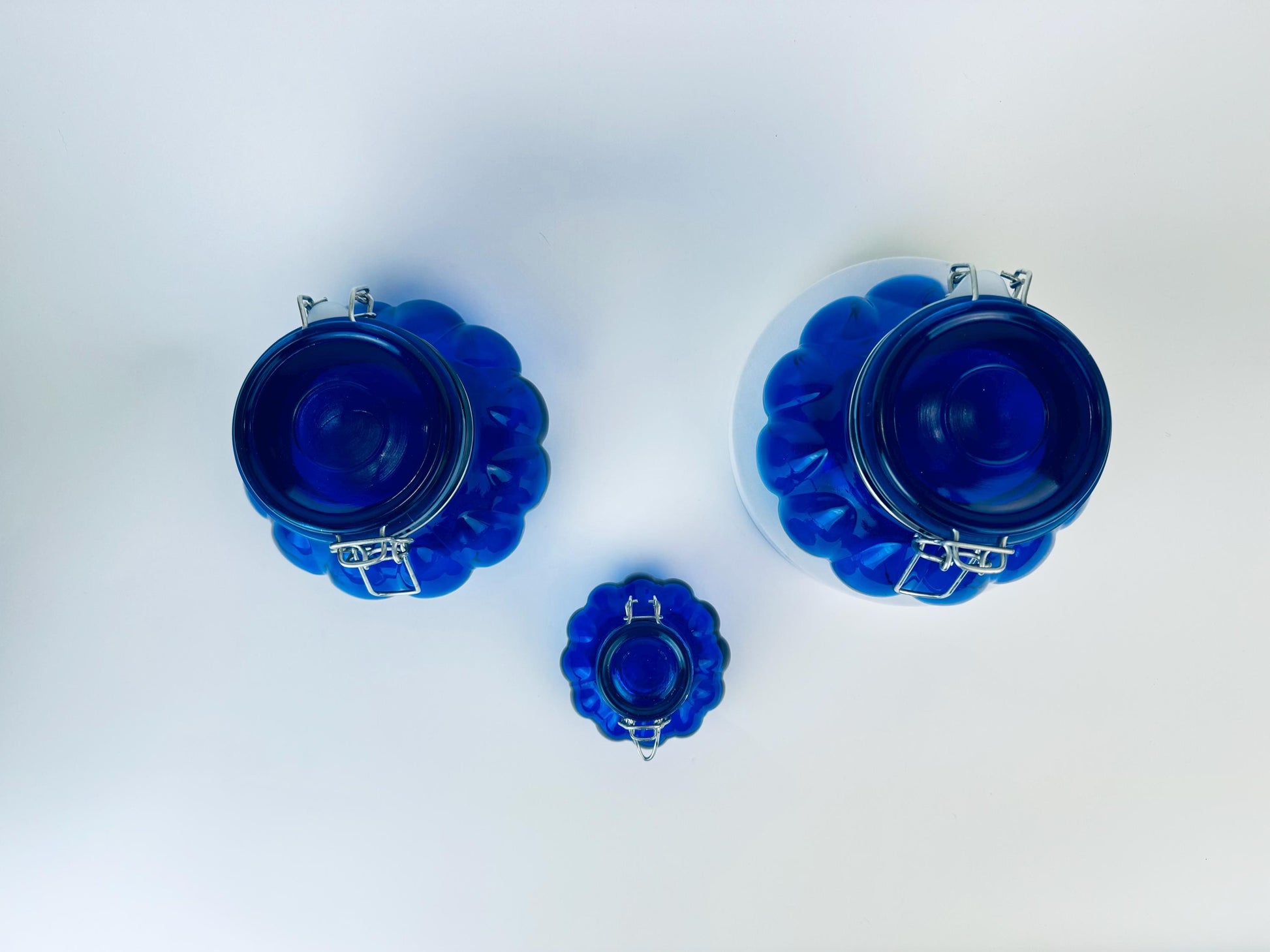 Product image for 'vintage round cobalt blue bubble glass clasp container jars sold separately' (view d38c6b)