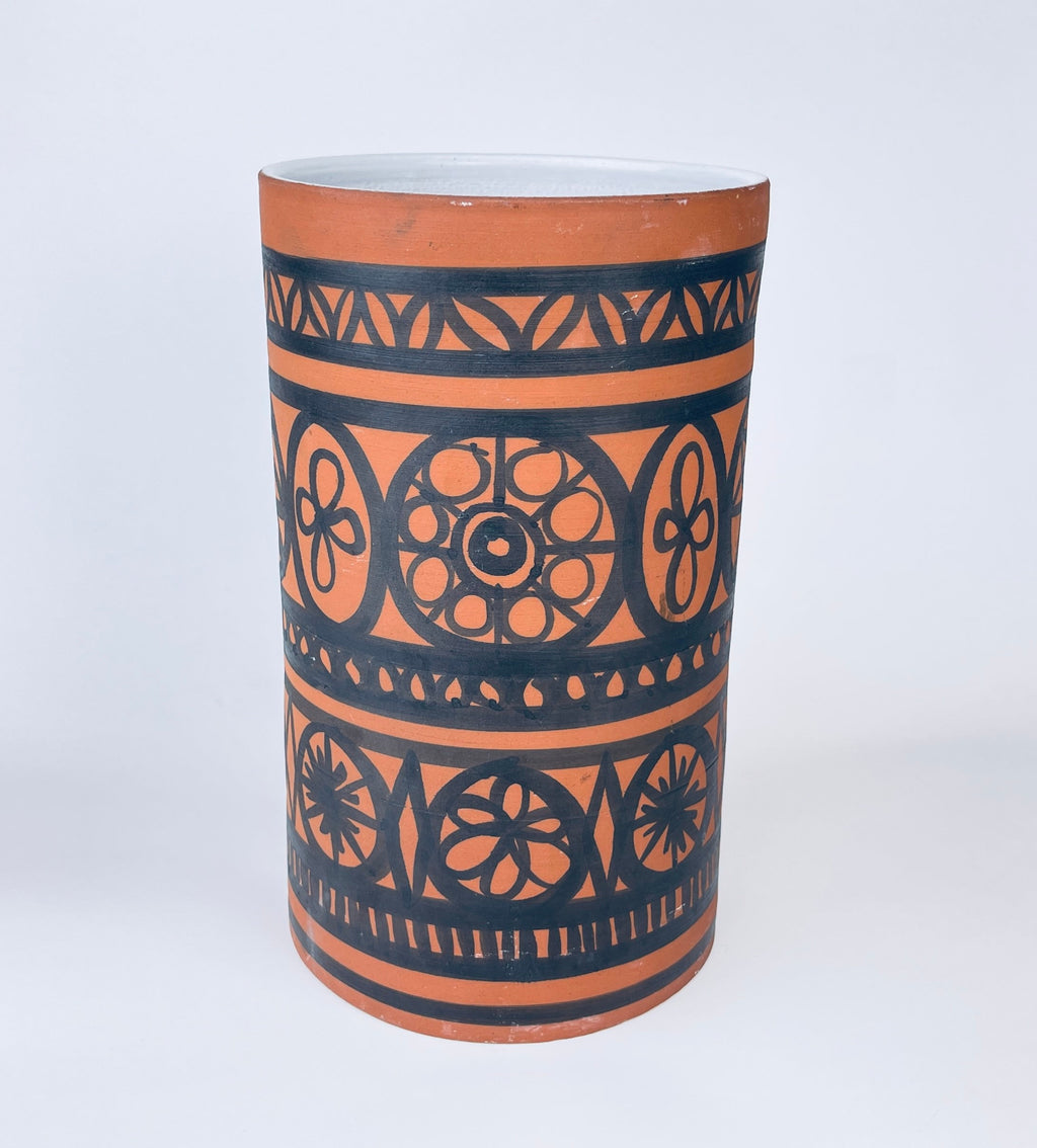 Product image for 'vintage wattisfield ware suffolk terracotta pottery widemouth vase hand painted mid century modern pattern made in england' (view 9212b1)