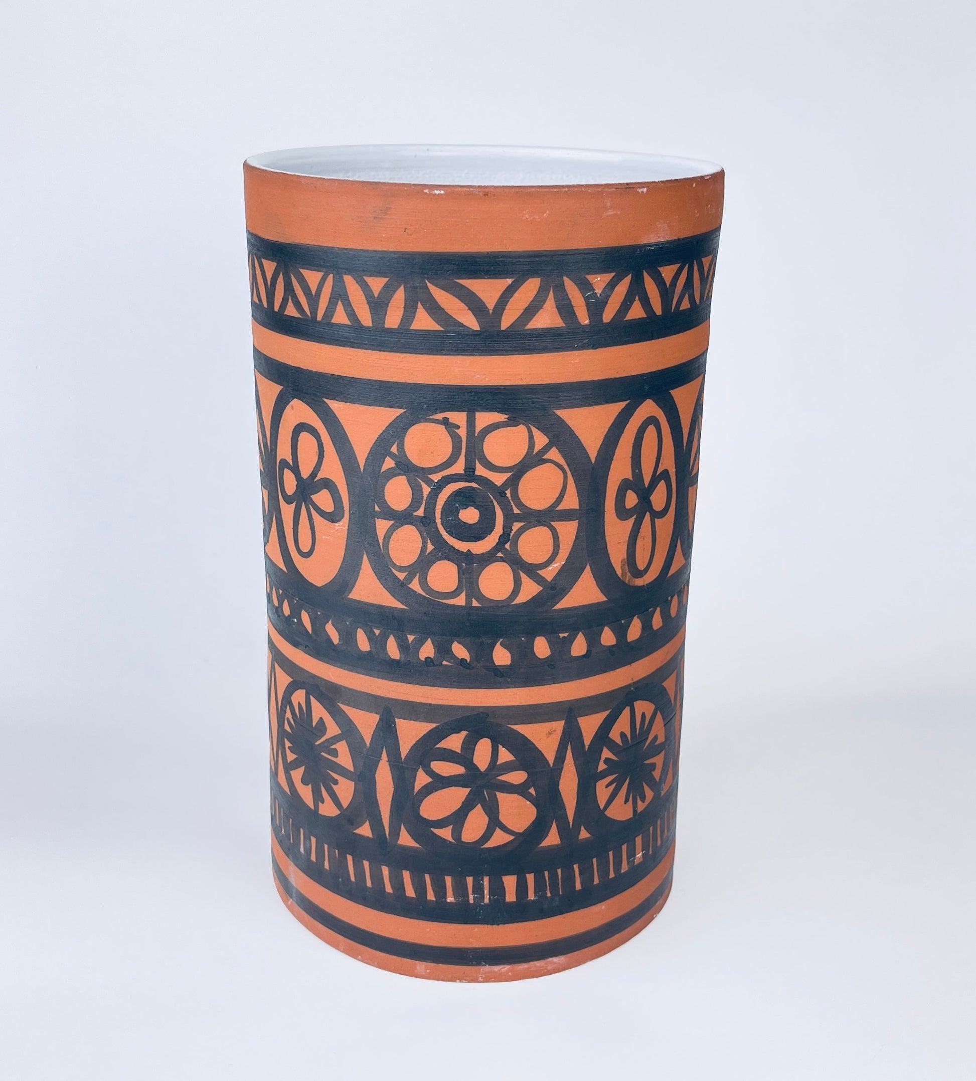 Product image for 'vintage wattisfield ware suffolk terracotta pottery widemouth vase hand painted mid century modern pattern made in england' (view 9212b1)