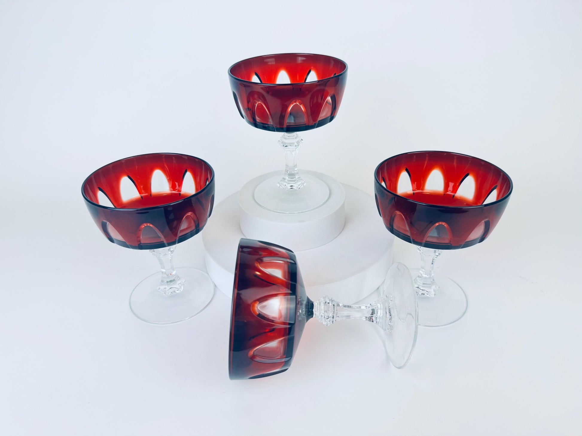 Product image for 'vintage cristal darques ruby red crystal champagne glasses mid century modern barware set of four 4 made in france' (view e0d6ed)