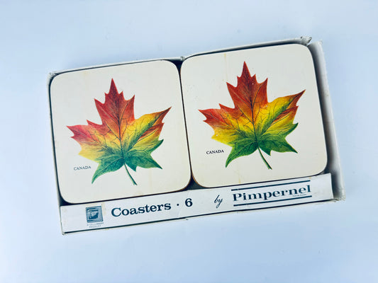 Product image for 'vintage pimpernel square coasters canada leaf pattern set of six 6 acrylic top cork bottom made in great britain' (view 423572)