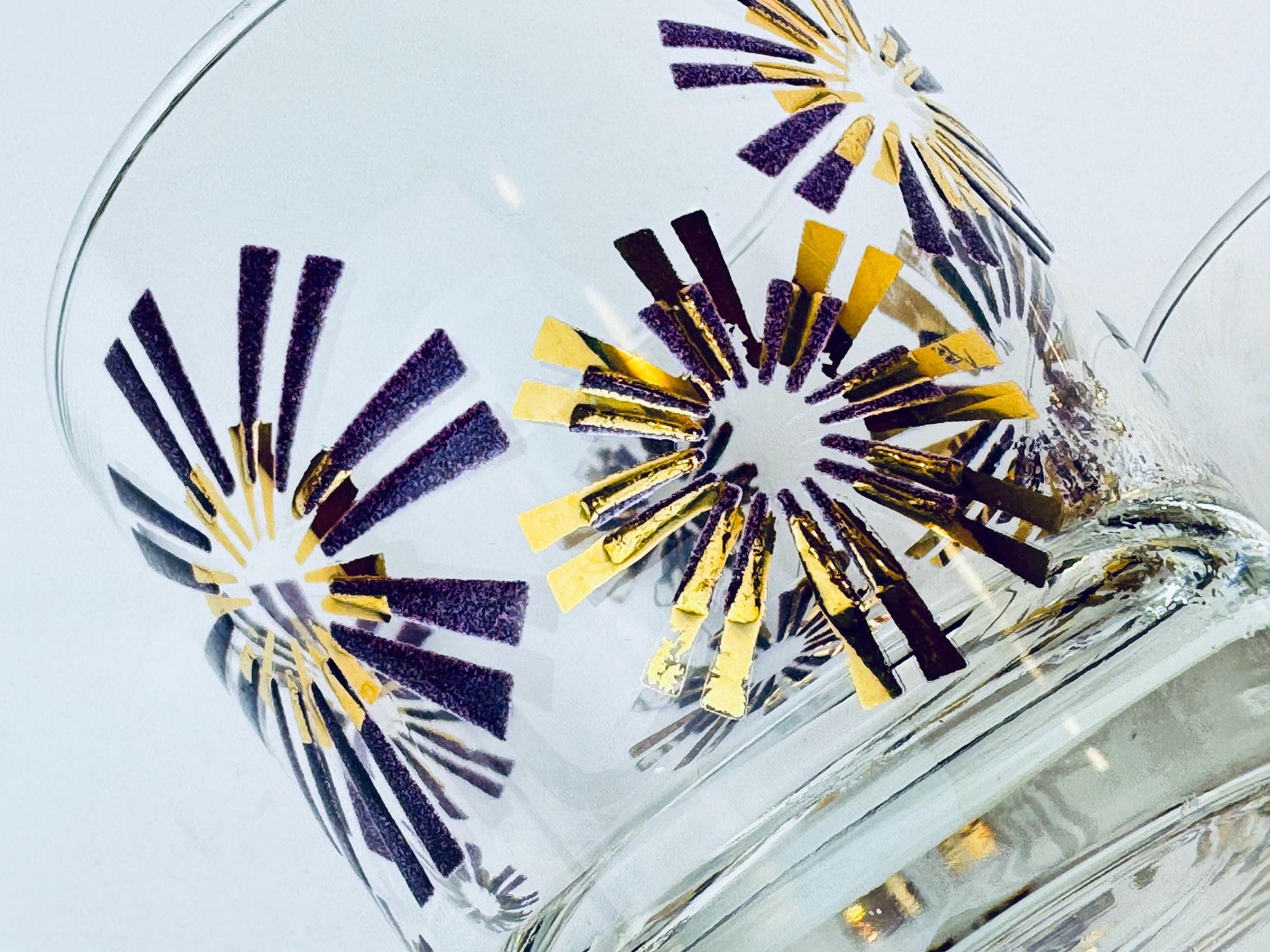 Product image for 'vintage libbey gold purple atomic starburst low ball drinking glasses set of two 2' (view 54462d)