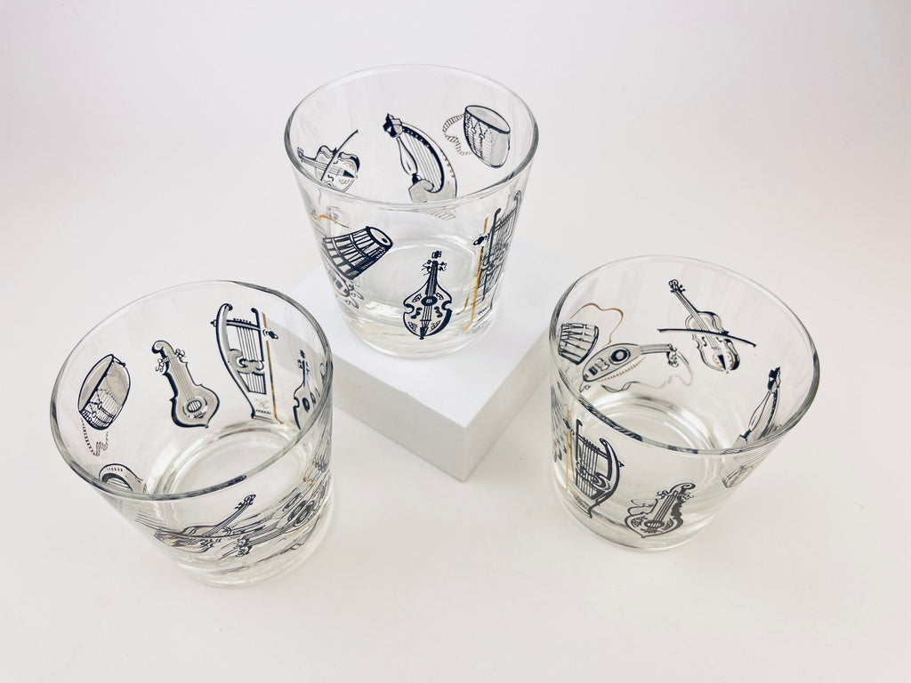 Product image for 'vintage musical instruments low ball drinking glasses set of three 3 musician gift vintage barware libbey glassware' (view f94e2d)