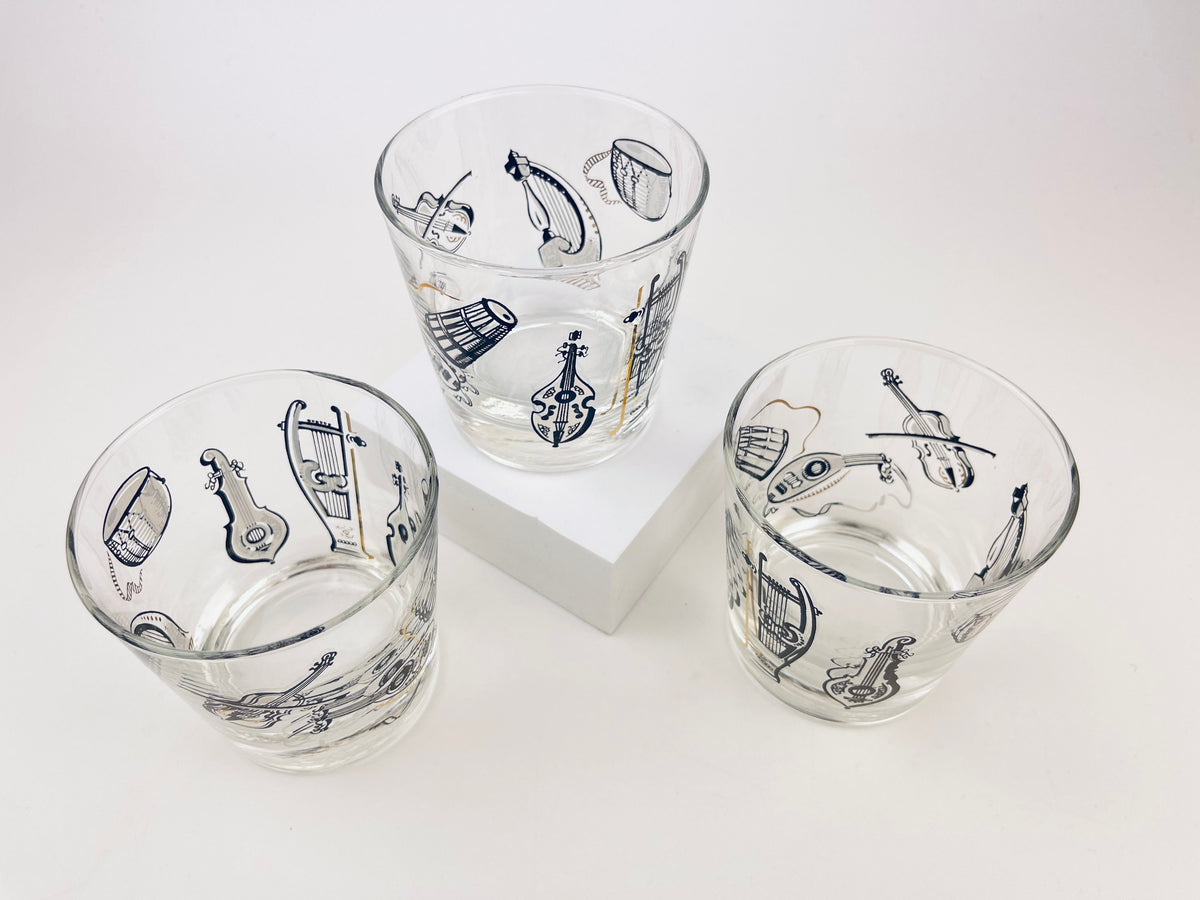Product image for 'vintage musical instruments low ball drinking glasses set of three 3 musician gift vintage barware libbey glassware' (view f94e2d)