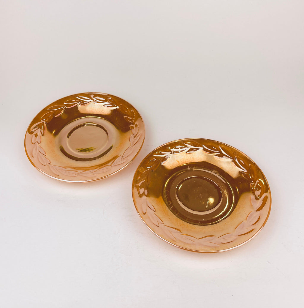Product image for 'vintage peach lustreware laurel leaf replacement bowls saucer plates set of two 2 fire king made in usa sets sold separately' (view fadb46)