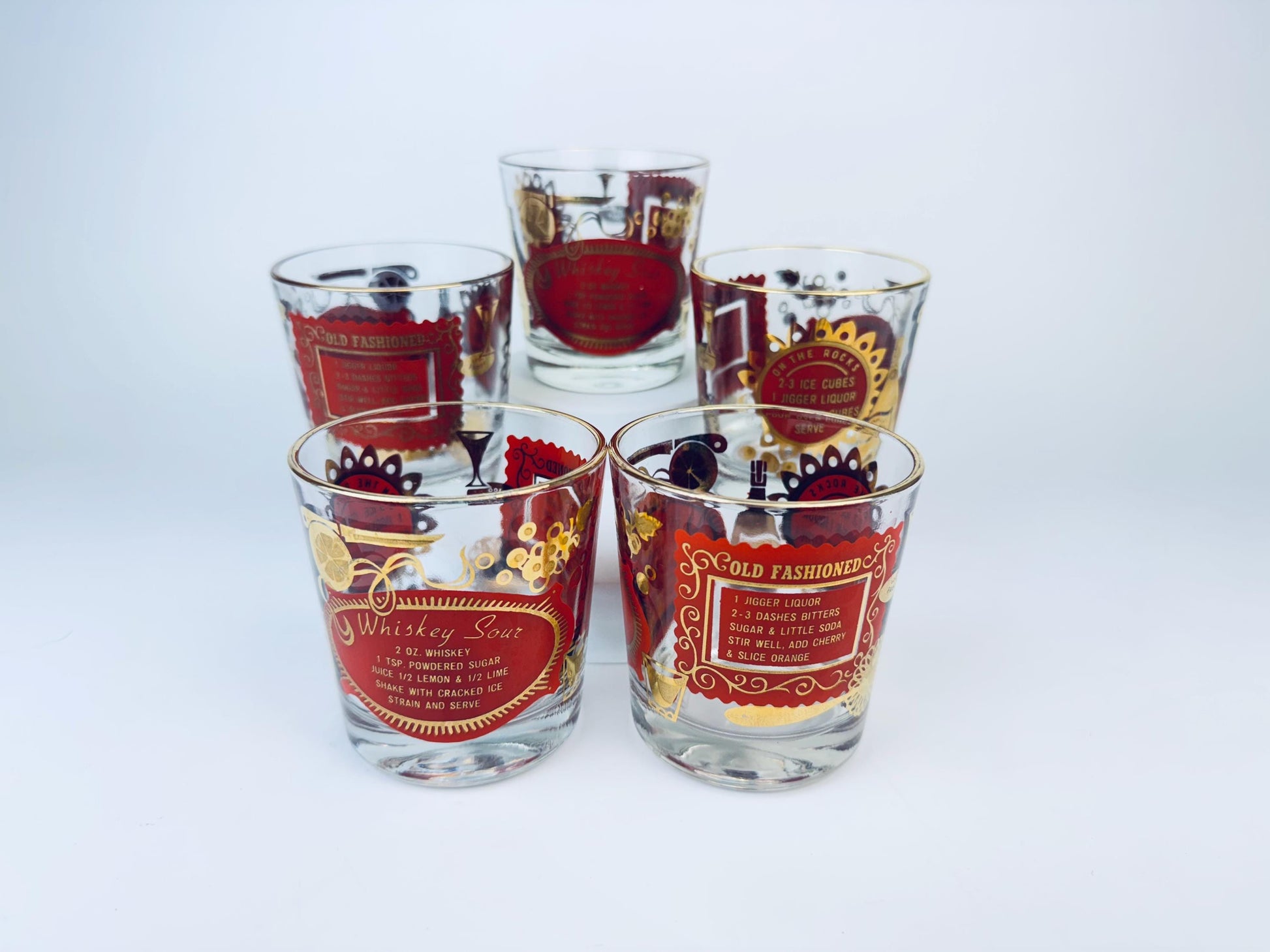 Product image for 'vintage jeanette glass heres how red and gold old fashioned glasses set of five 5' (view 055a20)