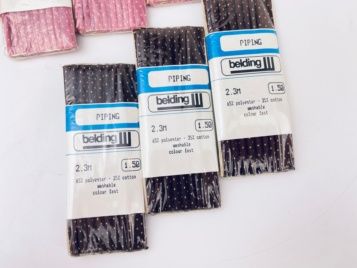 Product image for 'vintage piping tape dark brown pink polka dot pattern made in canada new old stock nos polyester cotton blend' (view 1bc60c)
