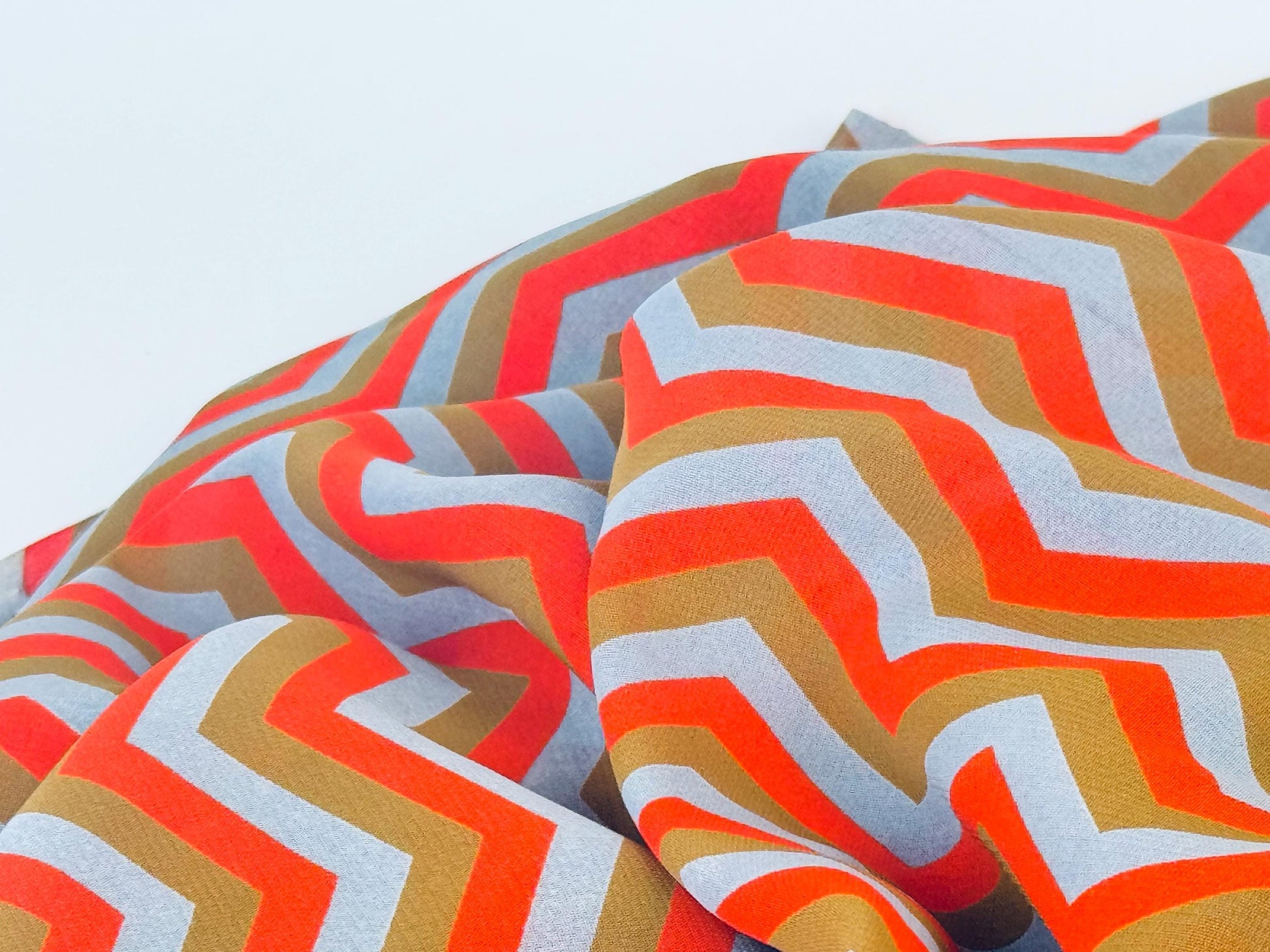 Product image for 'vintage orange brown grey semi sheer chevron print polyester fabric 45 x 62' (view 09615b)