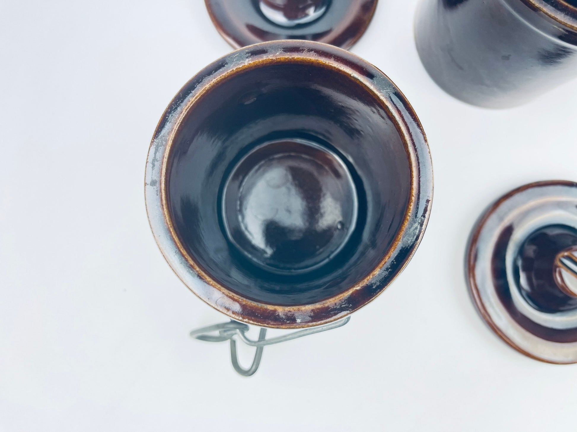 Product image for 'vintage brown drip glazed ceramic jar canister metal clasp top' (view 379495)