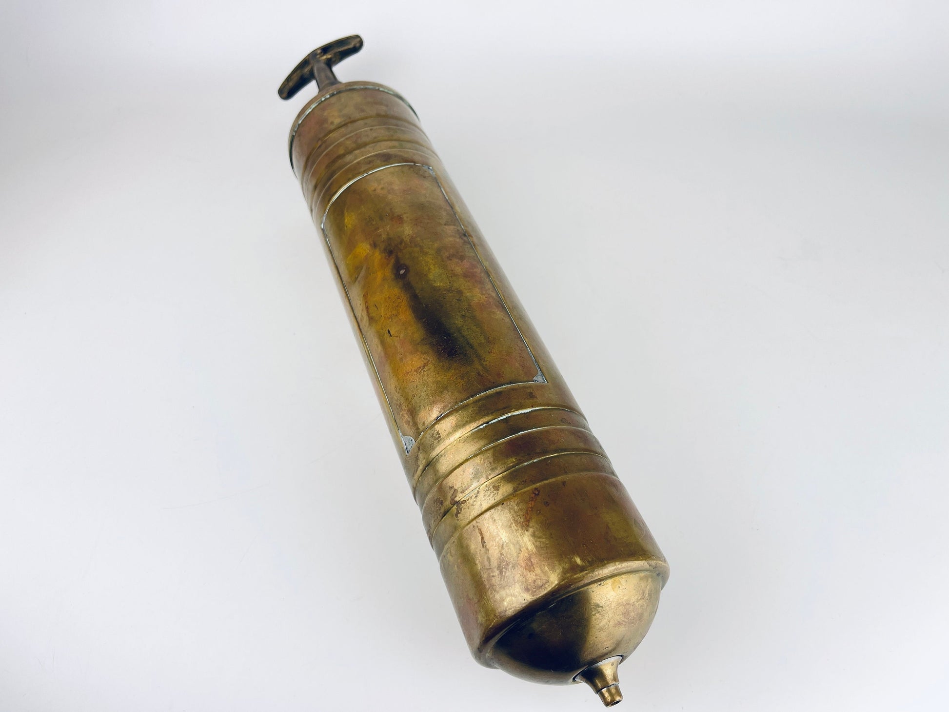 Product image for 'vintage antique brass pump fire extinguisher attractive aged metal patina' (view 63ab42)
