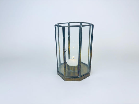 Product image for 'vintage brass glass double door display curio candleholder attractive aged brass patina' (view 268065)