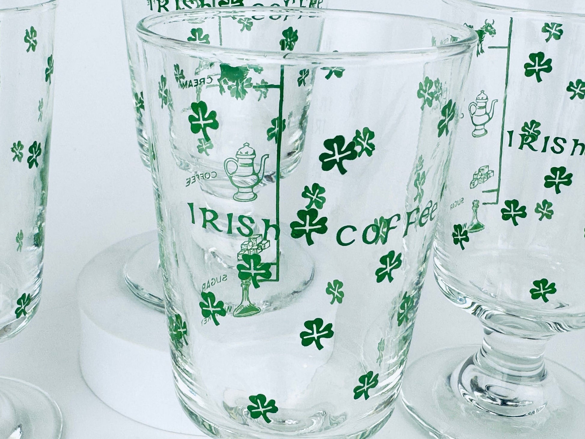 Product image for 'vintage irish coffee green shamrock pedestal glasses goblets set of four 4' (view 78c86c)