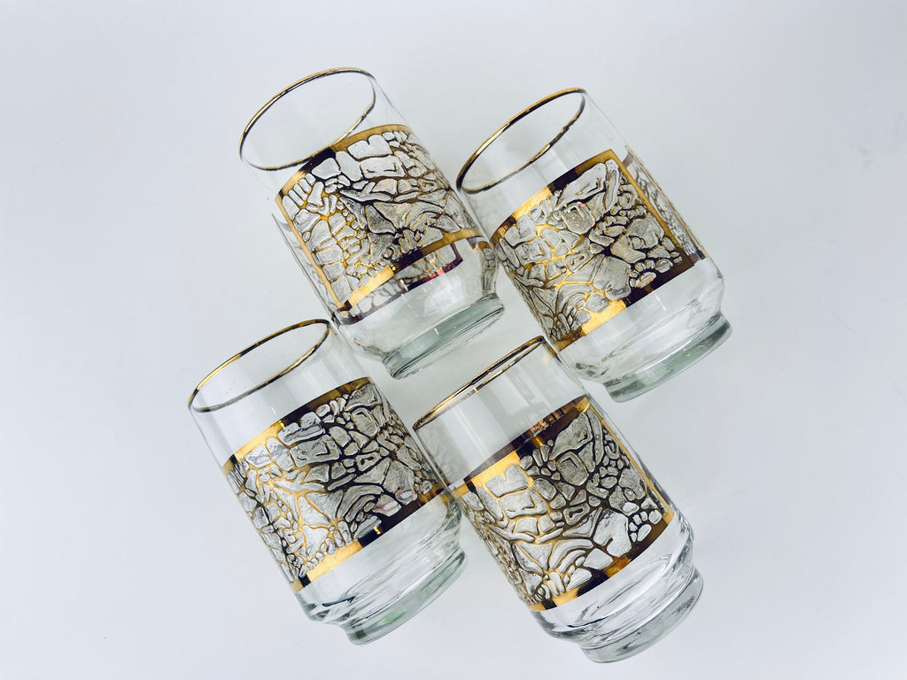 Product image for 'vintage gold textured crackle ice glass set set of four 4 lowball barware glasses barware gift' (view d40b46)